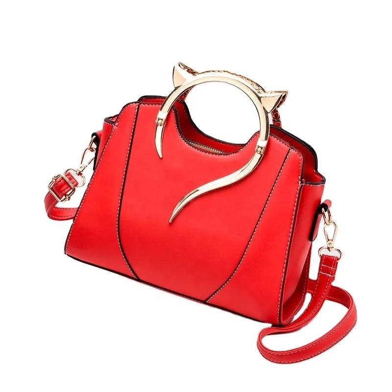 

2020 New Design European Style Handbag with Metal Handle for Office Lady, Red,