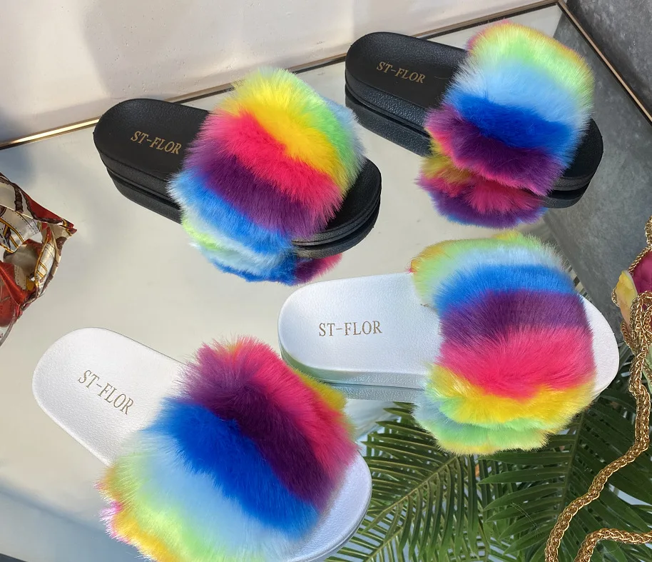 

JANHE 2021 chausson Selipar Colour Women Slides Fur Slippers Fashion Flat Sandals Ladies Sandale Femmes, 2 colors