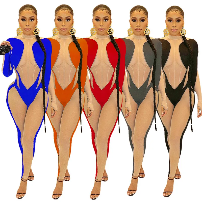 

Sexy Ladies Romper See Through Mesh Patchwork Stripe Print Spring Women Bodysuit Jumpsuits