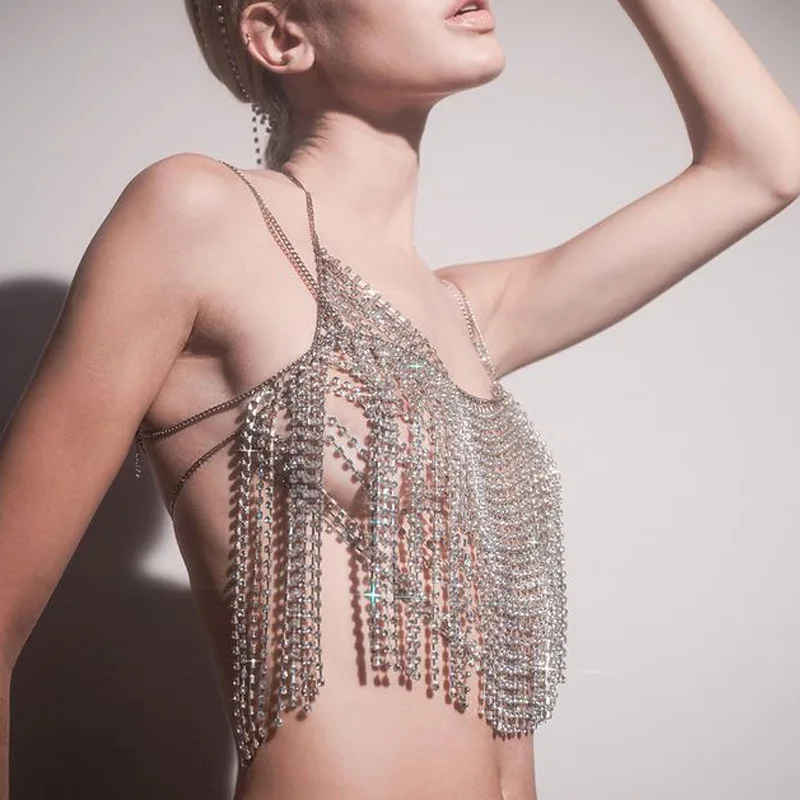 

Bling Rhinestone Bra Chest Body Chain Necklace Jewelry Sexy Tassel Bra Chain Body Jewelry (SK1342), Gold/silver