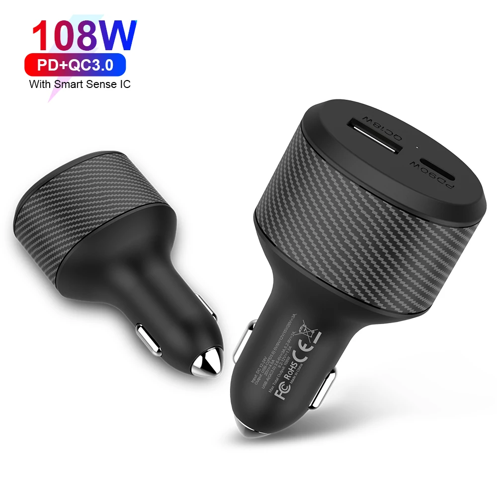 

New Arrival 108W Mobile Phone Car Charger BC1.2 /Apple 2.4A/QC2.0/QC3.0/AFC/FCP/SCP PD3.0 Dual Port Fast Laptop Car Charger, Black