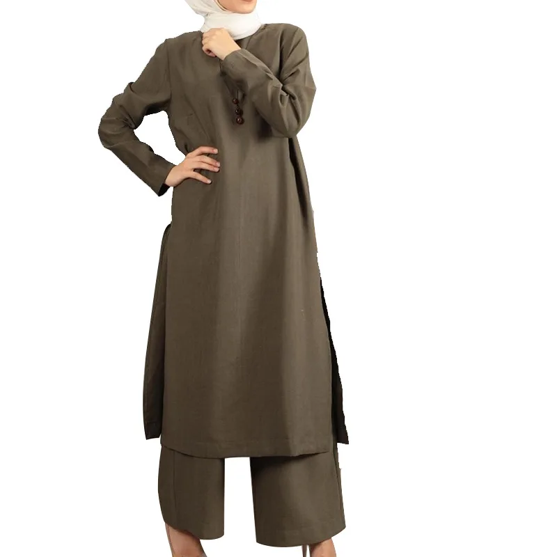 

2021 Muslim Fashion Casual Simple Color Tunic Pant Womens Two Piece Suit, 3 colors
