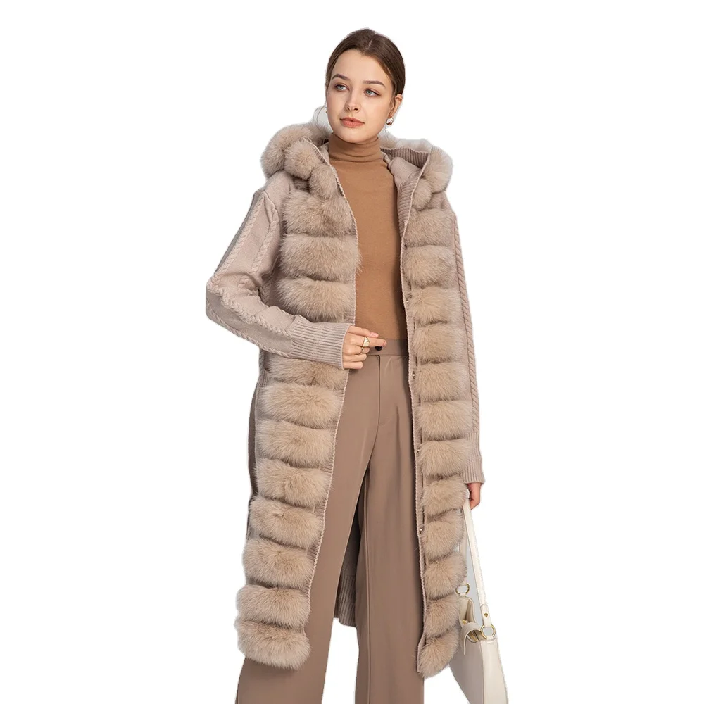 

Fashion Custom Hooded Sweater Fox Fur Trim Women's Coat Knitted Cardigan Sweater, Customized colors