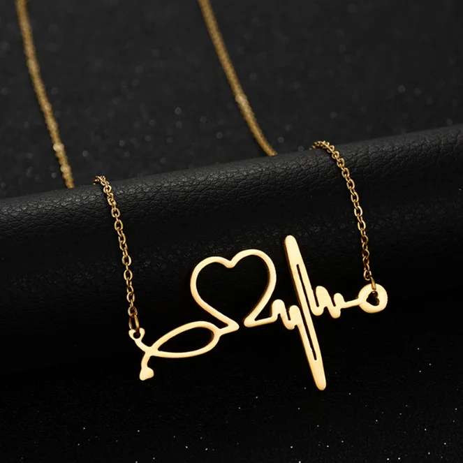 

SIYWINA Fashion Stainless Steel Jewelry Heart ECG Valentine's Day Gift Necklace for Women Link Chain Necklaces