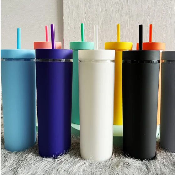 

New Design 16oz Plastic Double Wall Drinking Tumbler Skinny Tumbler Cups in Bulk with Lids and Straws