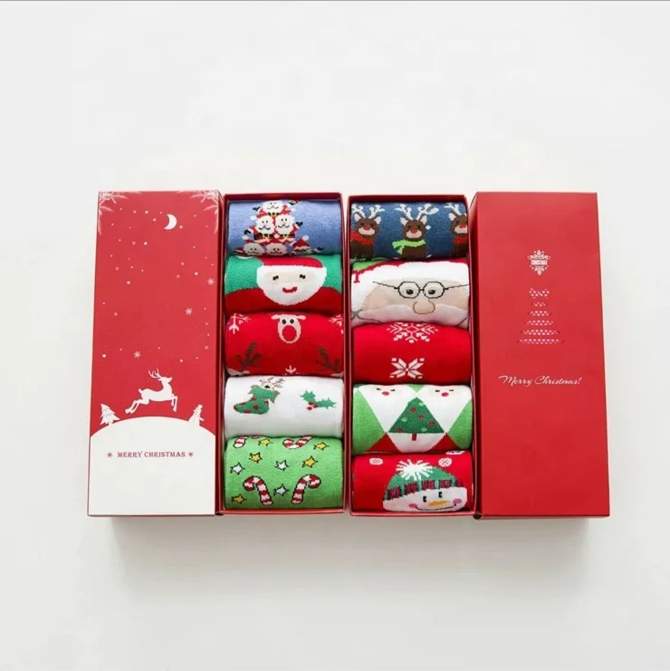 

Holiday Gift custom packing novelty socks 5 pairs in box women men adult winter Santa cotton knit crew xmas christmas socks, Custom color