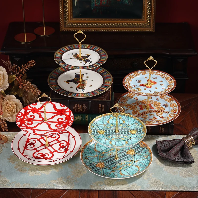 

Wholesale Western European Luxury 2-Layer Fruit Cake Dish Living Room Porcelain Pastries Plates