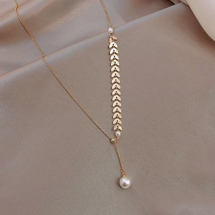 

Delicate Pearl Wheat LOVE Adjustable Choker Fashion Necklace Tassel Pearl Gold Plated Stainless Steel Necklace