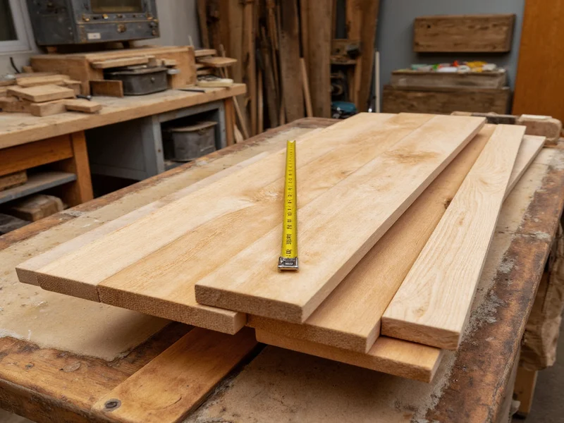 Reclaimed wood planks laid on workbench with measuring tape