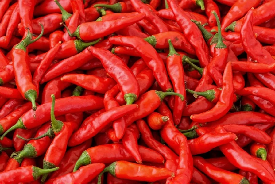 Comparison chart showing cayenne pepper next to similar chili varieties with size and heat level indicators
