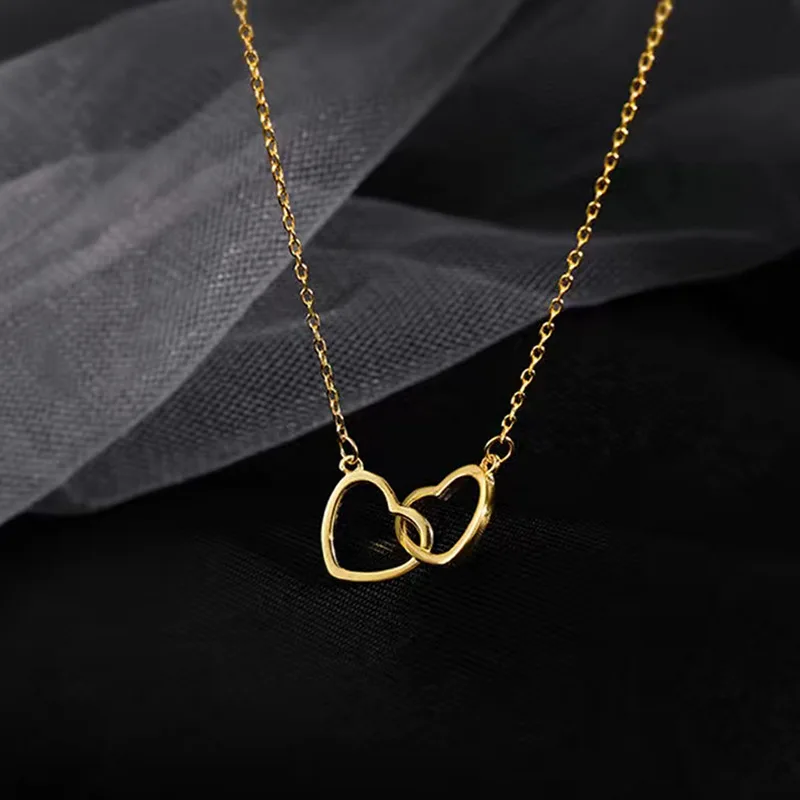

Fashion Stainless Steel Necklace For Women Hollow Double Heart Rose Gold Choker Pendant Necklace Engagement Jewelry, Picture show