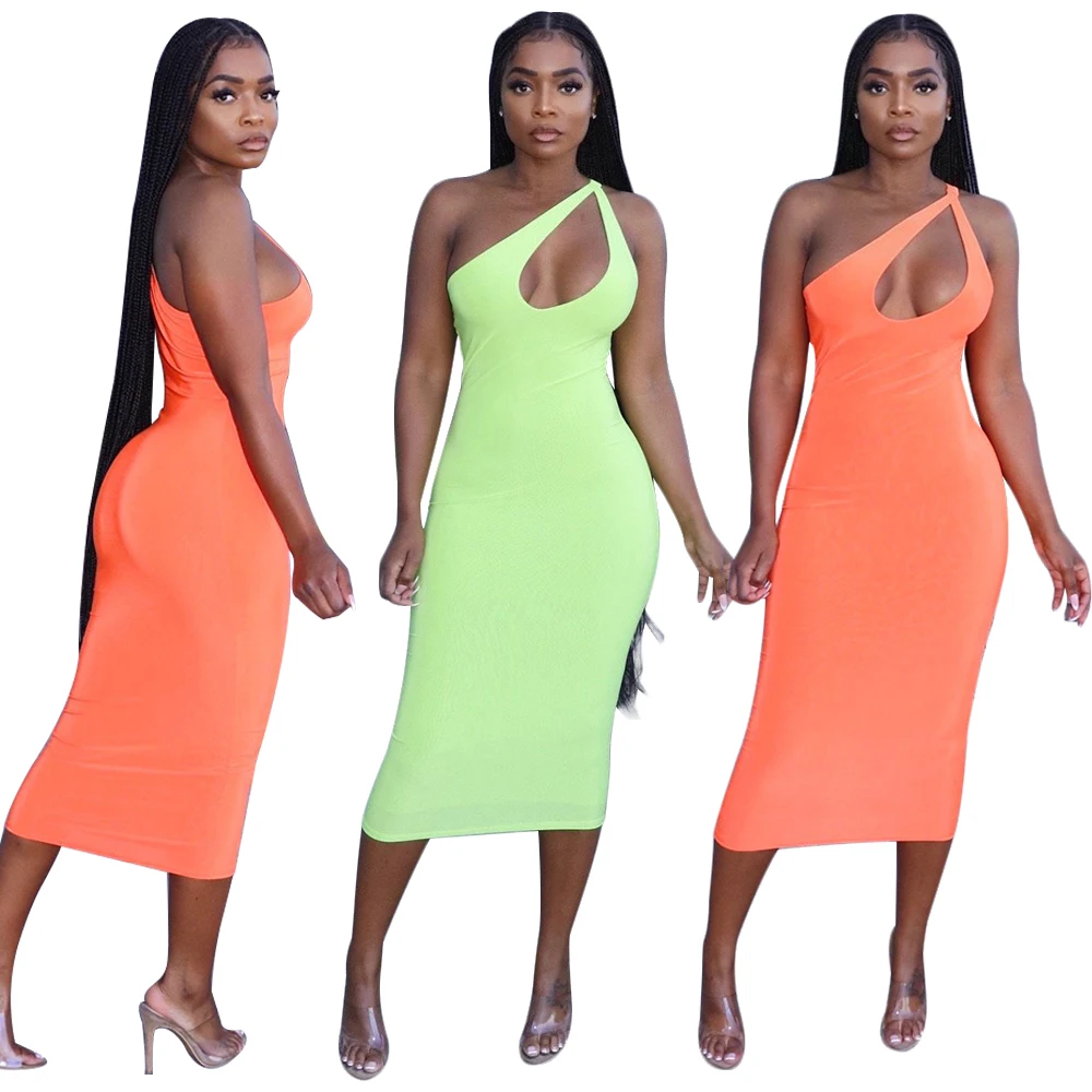 

Summer One Shoulder Sexy Dresses Women Hollow Out Solid Color Bodycon Cut Out Dresses For Party, Shown