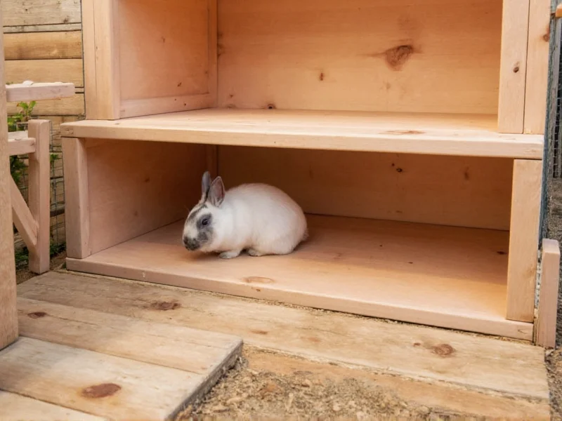 Rabbit safely exploring completed wooden cage with solid flooring