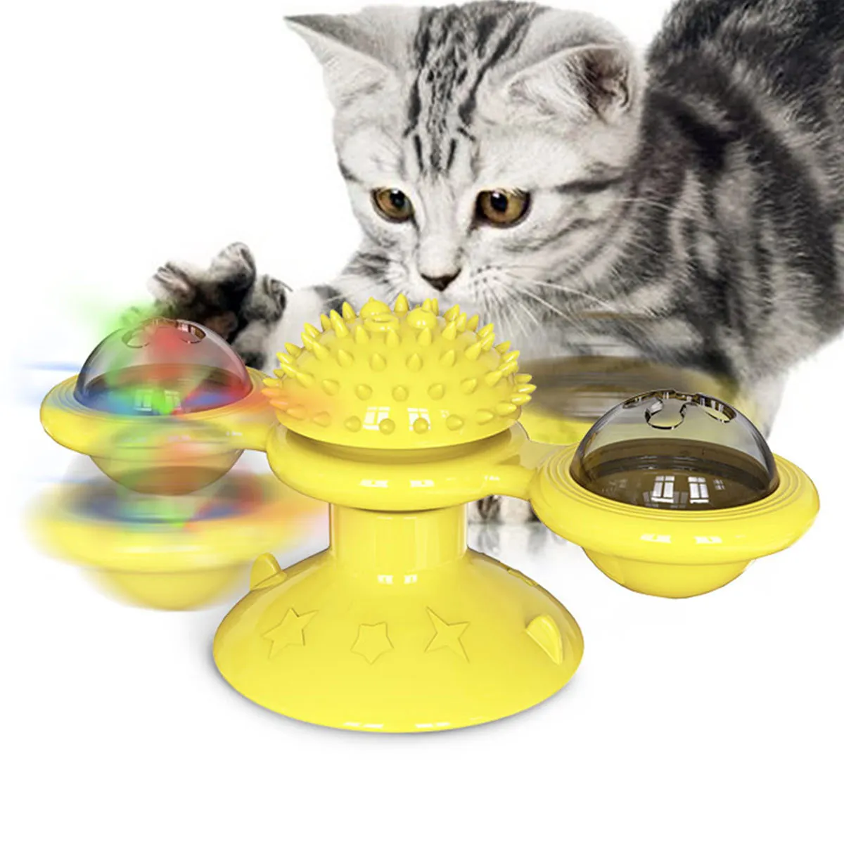 

Pet cat toy spin puzzle training turntable windmill glow ball interactive kitten play game Training Toy, Yellow/green/bule