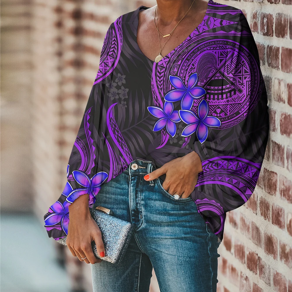 

Purple Red American Samoan/Samoa 3D Print Floral Polynesian Tribal Casual Plus Size Long Sleeve Chiffon Shirts Women Blouse POD, Customized color