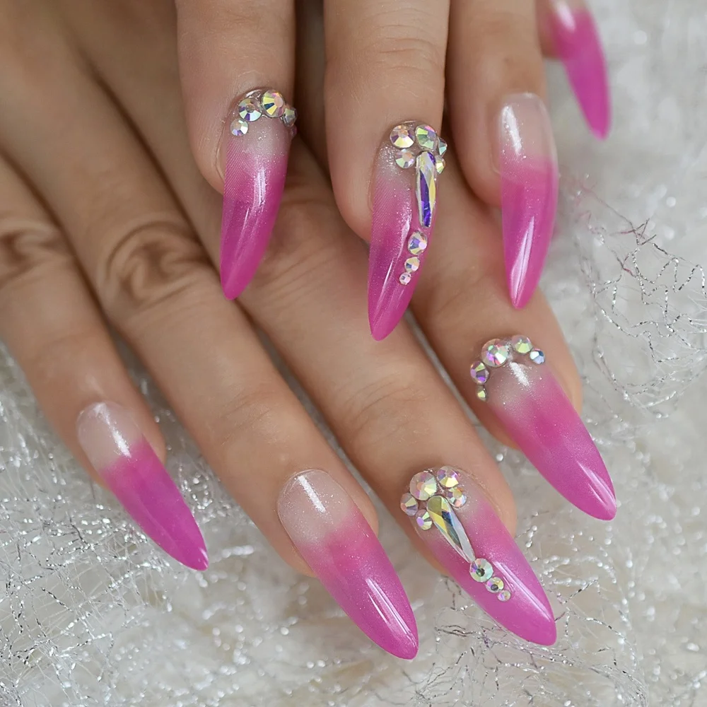 

Long French Fake Nail Shimmer Pink Yellow 3D Designed Artificial Nail Luxurious Sharp Lady Beauty Noble Nail Art Tips L5421