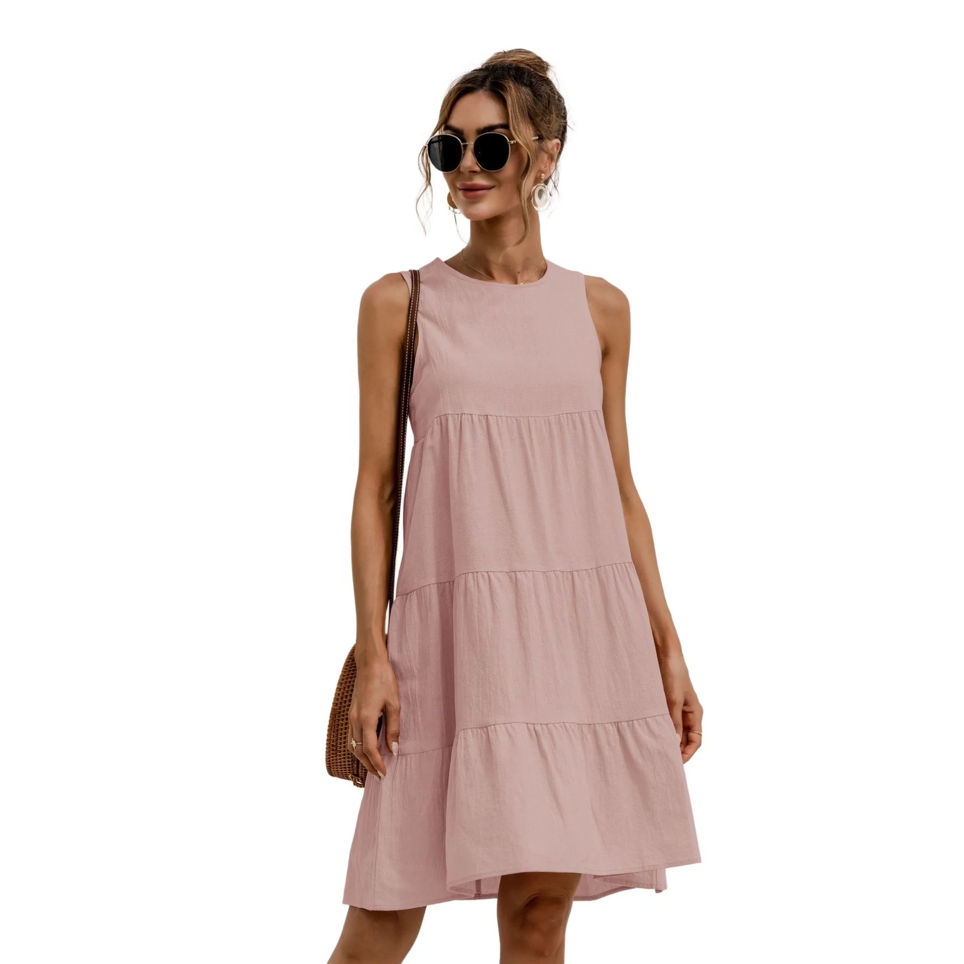 

Free Shipping T446 dress Women's Summer Solid Color Sleeveless Dress O-Neck Casual Loose Stitching Big Swing Vest Dress