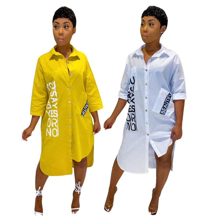 

New product solid color letter printing casual loose ladies shirt dress, White