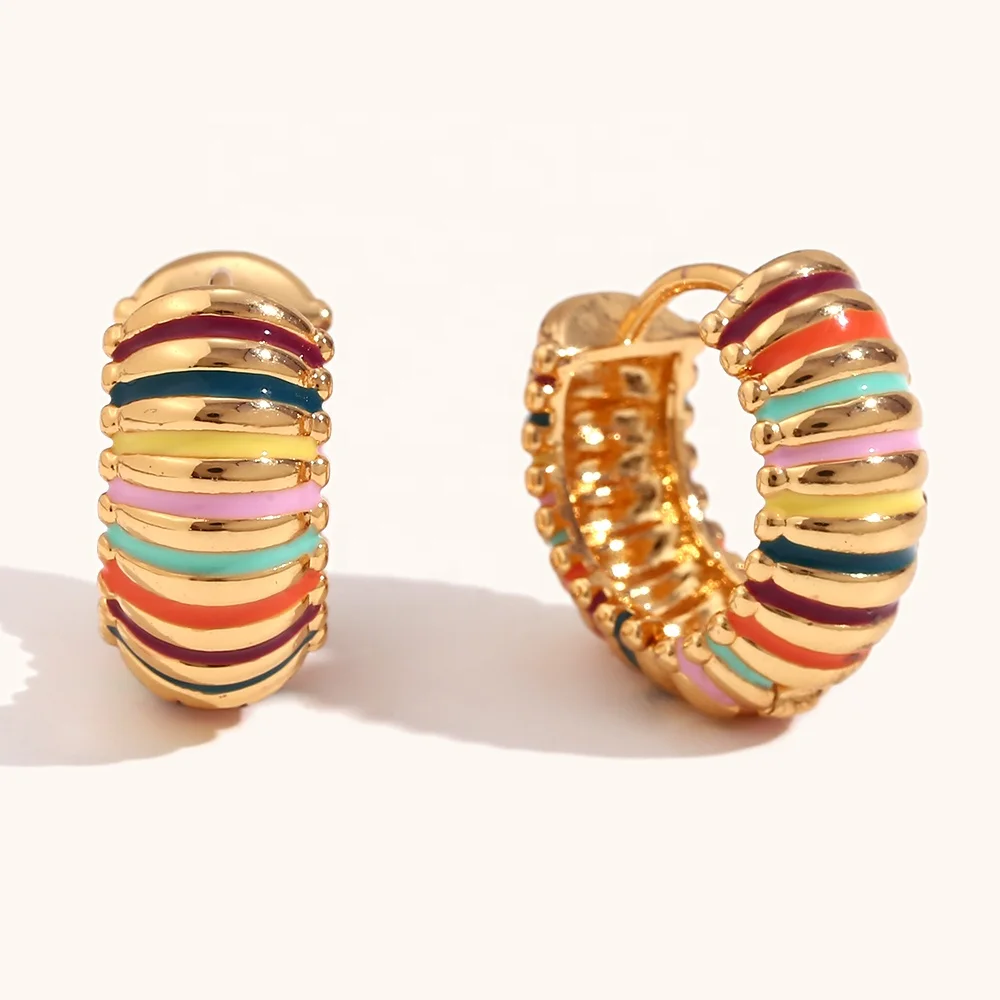 

Dingran Summer Colorful Stripes Enamel Hoop Earring 18K PVD Gold Plated Stainless Steel Cute Jewelry