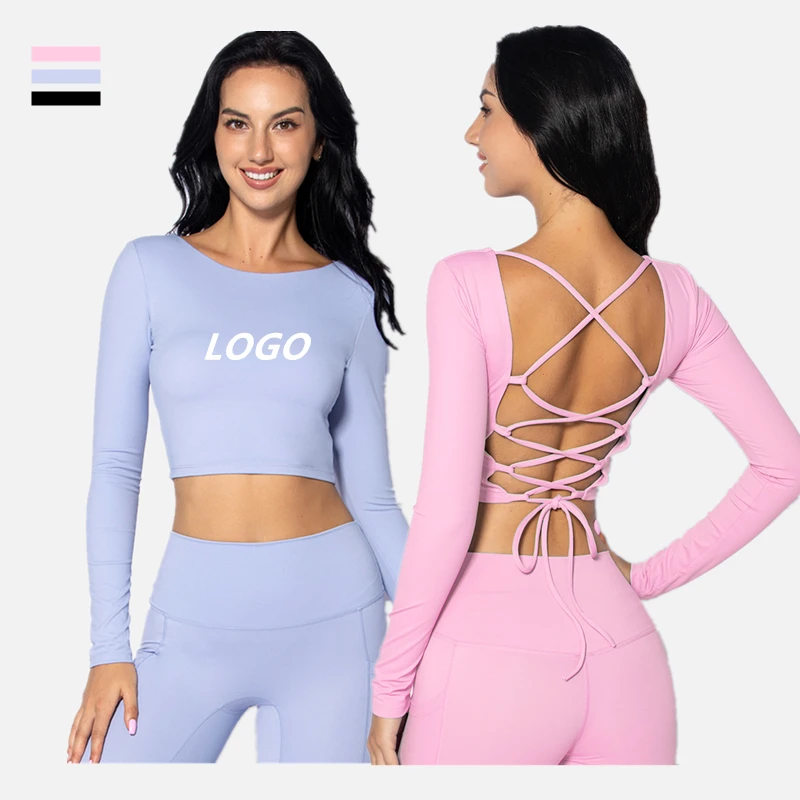 

New Backless Long Sleeves Gym Elastic Quick-Drying Crew-neck Crop Top T Shirt For Women Yoga Running Gym Crop Top With Chest Pad