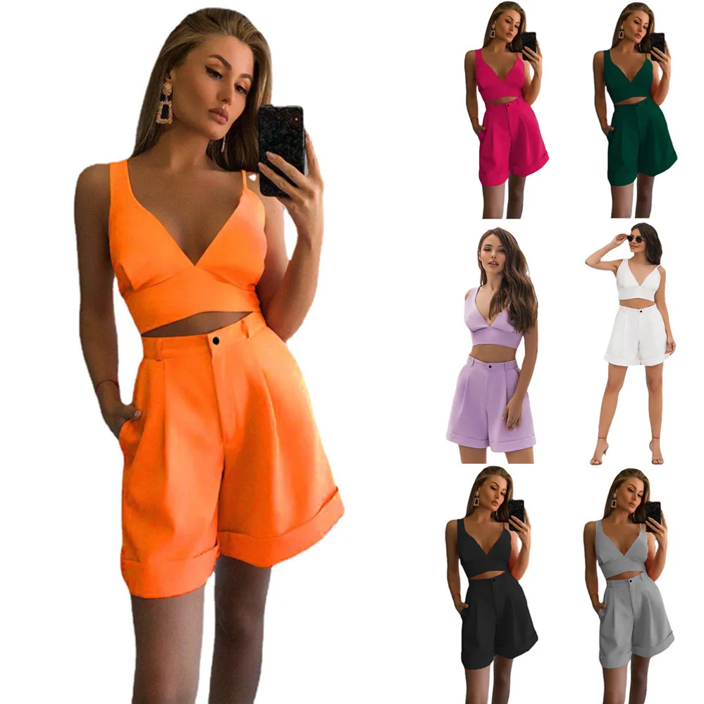 

Summer Solid Color V-neck Sling Sleeveless Tube Top Crop Tops And Suit Shorts For Women Casual Two Piece Sets