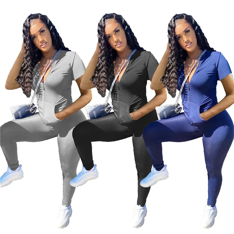

Sexy Fitness Workout Solid Women Two Piece Tracksuit Short Sleeve Zipper Up Jackets and Slim Fit Legging Pockets Matching Suits, As picture