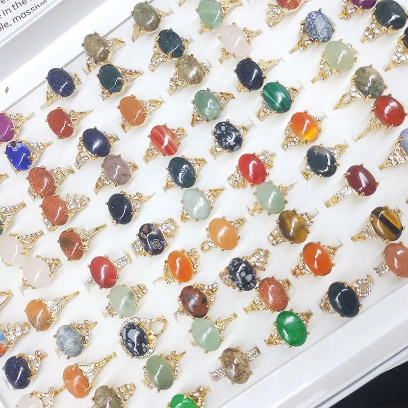 

Wholesale Mixed Lot Rings Bohemian Jewelry Oval Shape Colorful Crystal Natural Stone Rings