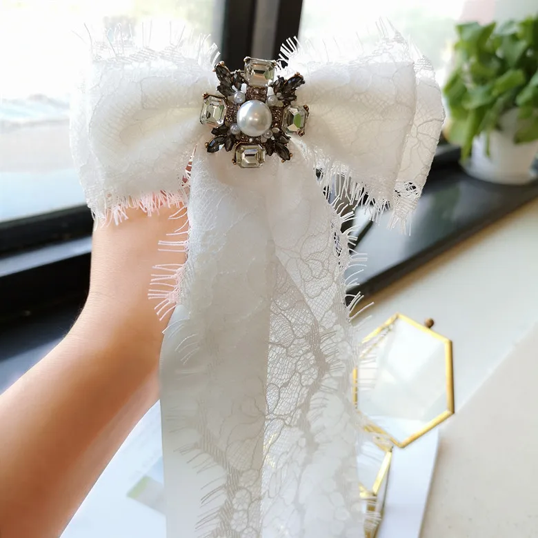 

15.5CM*25.5CM extra long large big lace bow ribbon brooch romance fairy pearl crystal brooch necktie hair accessories corsage, Picture