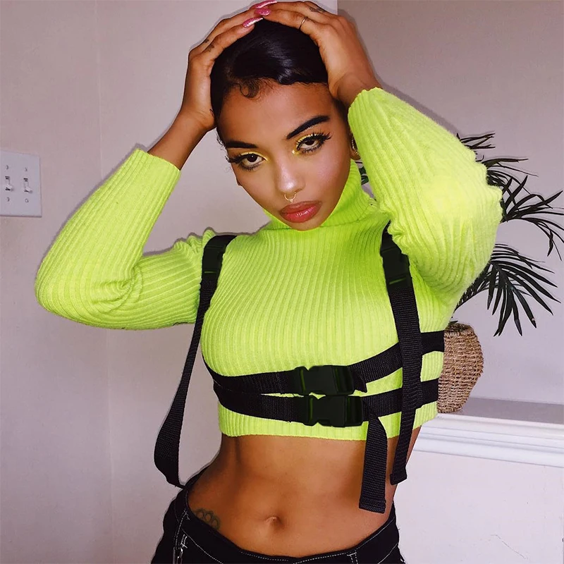 

Hot Seller Neon Green Buckle Ribbon Crop Turtle Neck Long Sleeve Women T Shirt, Customized