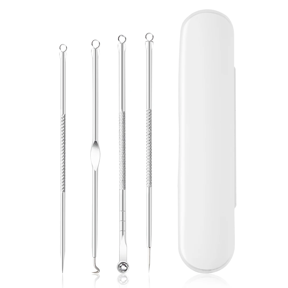 

Beauty Pimple Extractor 4pcs Silver Blackhead Remover Kit With Transparent Case