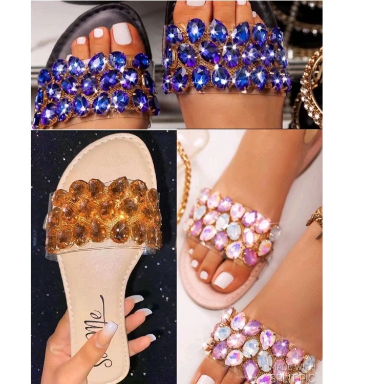 

Wholesale new rhinestone casual flat shoes new designs women's slippers, Black,nude,red,white