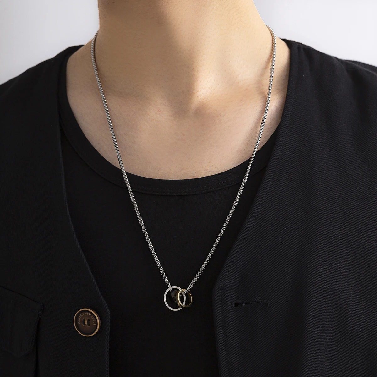 

SHIXIN Stainless Steel Three-color Ring BOX Chain Necklace Retro Fashion Personality Pendant Necklace Hip hop Men Necklace Cool