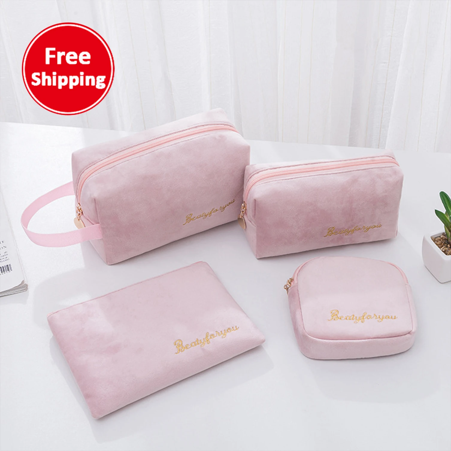 

Waterproof makeup bag flannel soft small big pink velvet travel cosmetic kit pouch bag Nordic style ins four-piece set