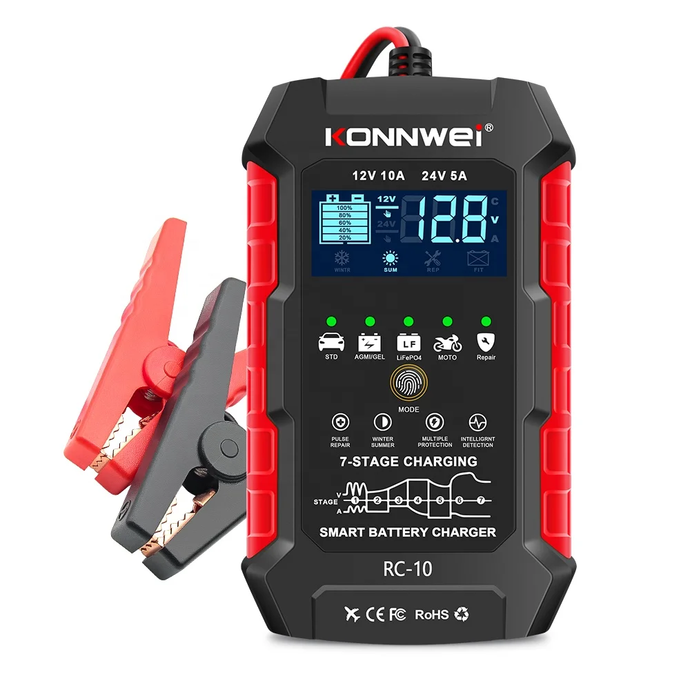 

KONNWEI RC-10 Smart Automatic Battery Charger Pulse 12V/24V Battery Repair Charging Analyzer