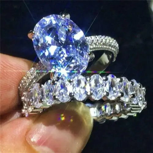 

2021 Luxury Shine Jewelry Cubic Zirconia 2PCS/Set Oval Ring 925 Silver Plated Diamond Wedding Rings