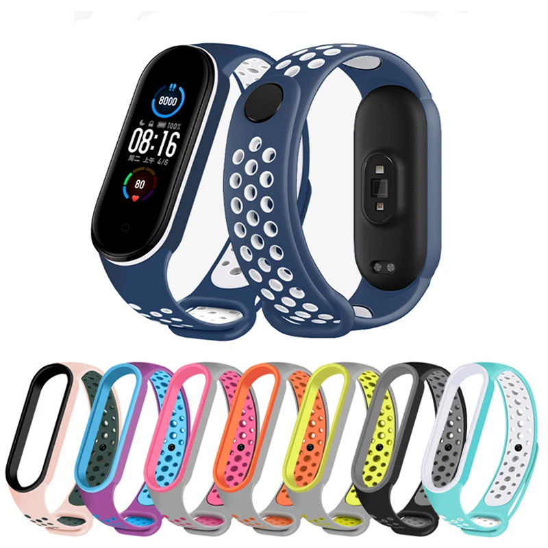 

Two color sport breathable silicone mi band 3 4 5 for xiaomi mi band 4 replaceable wrist band, Black with red,black with yellow,black with gray,gray with pink, etc.