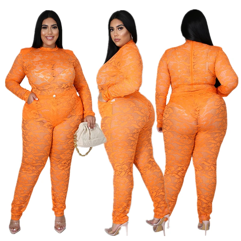 

New Trendy High End Women Plus Size Long Sleeve Transparent Sexy Two Piece Set Sexy Lace Night Club Clothing, 4colors