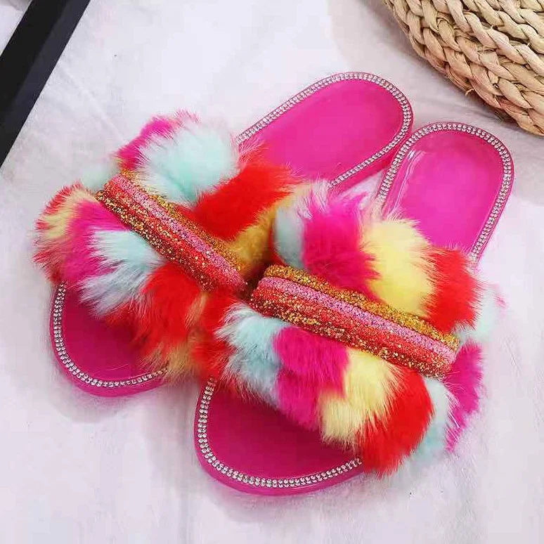 

Mixed Color Single Fur Band Round Peep Toe Fashion Flat With Slippers For Women Rhinestone Decor Low Heel Summer Slides Shoes, Red,black,purple,clear