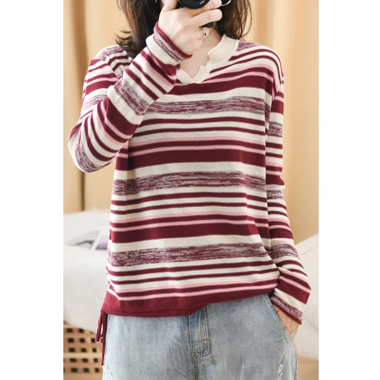 

HDSK2112030 TikTok Hot Sale New Ladies Tops Korean Style Knitwear Long Sleeve Pullover Stripe Sweater Women Blouse, Royal blue/red/sky blue