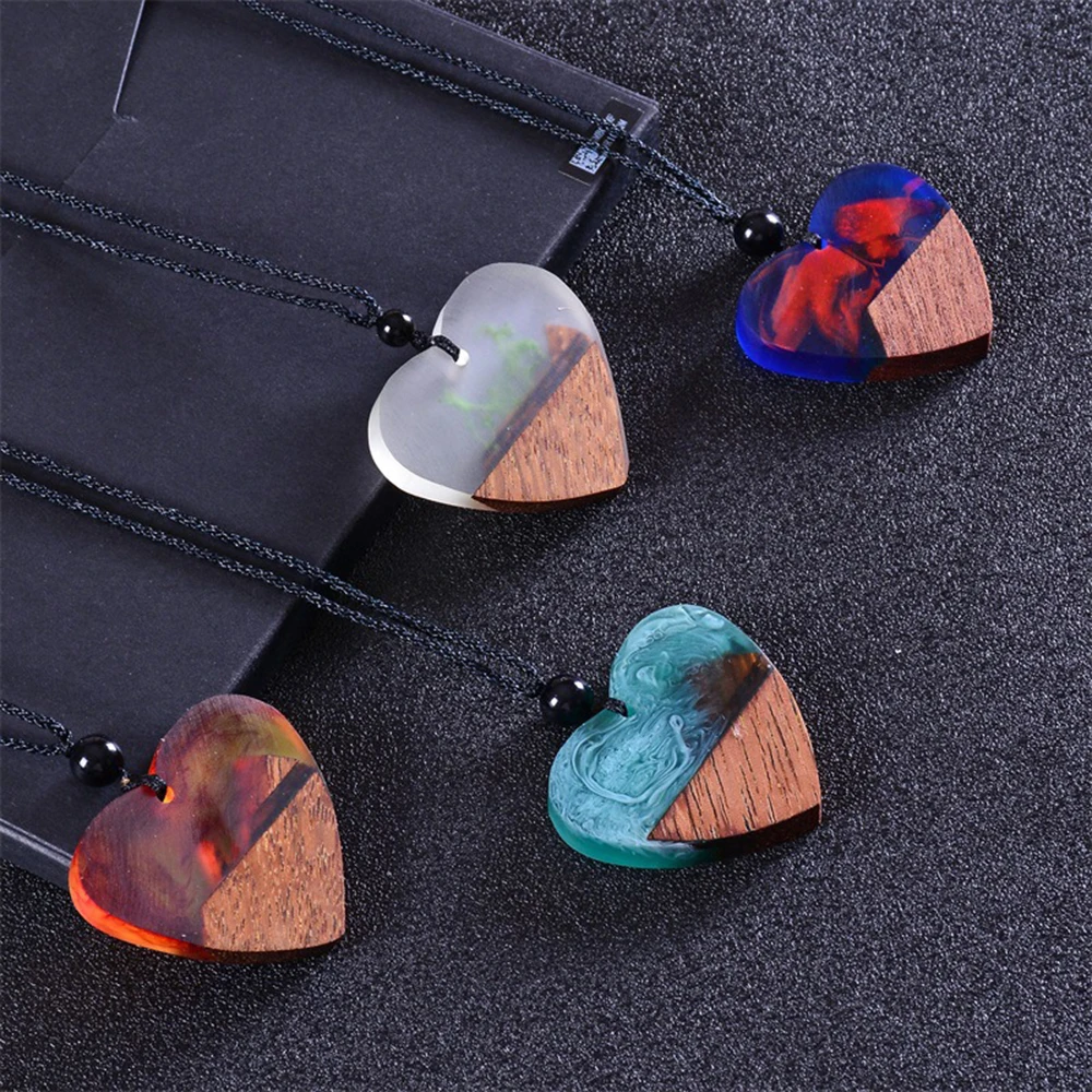 

High Quality Epoxy Resin Wood Love Heart Necklace Pendant Creative Jewelry Best Gift Men Women