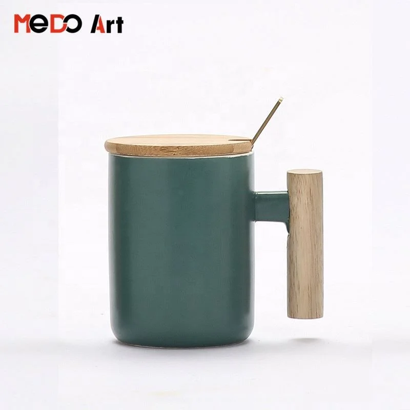 

Drinkware Ceramic Coffee Cup With Wooden Lid And Spoon, 5 colors