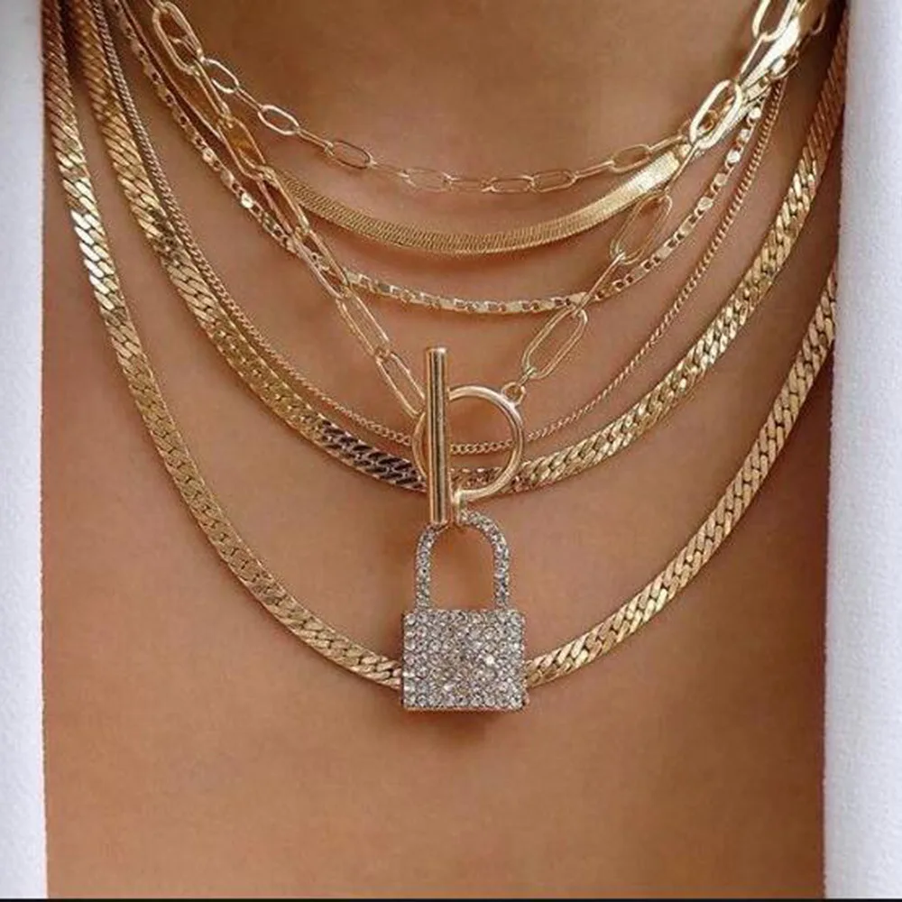 

Hot Selling Women Plated Gold Multilayer Necklace Sets Rhinestone Toggle Clasp Lock Pendant Necklace, Picture shows