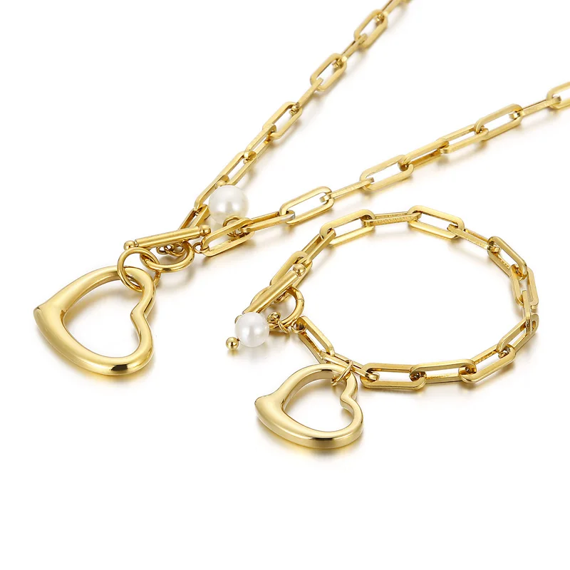 

New Product Adjustable Chain Necklace Heart Bracelet Stainless Steel Jewelry Set