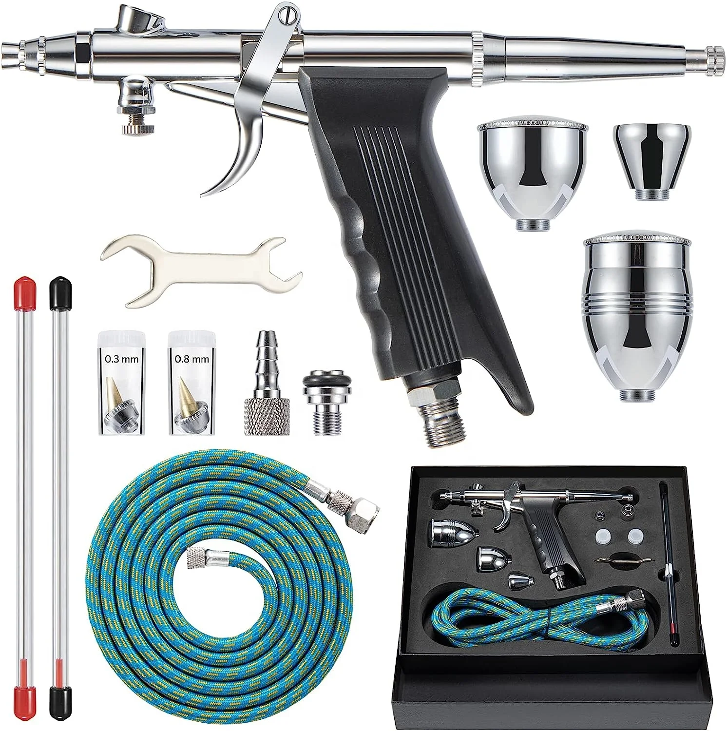 BT-166BK Professional Dual-Action Airbrush Kit 3 Needle Sizes (0.3/0.5/0.8mm) Precision Copper Body Art and Car Model Painting