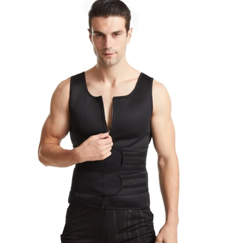 

Adjustable 2 Belts Straps Neoprene Corset Compression Body Shaper Slimming Sauna Tank Top Sweat Vest With Zipper, Black