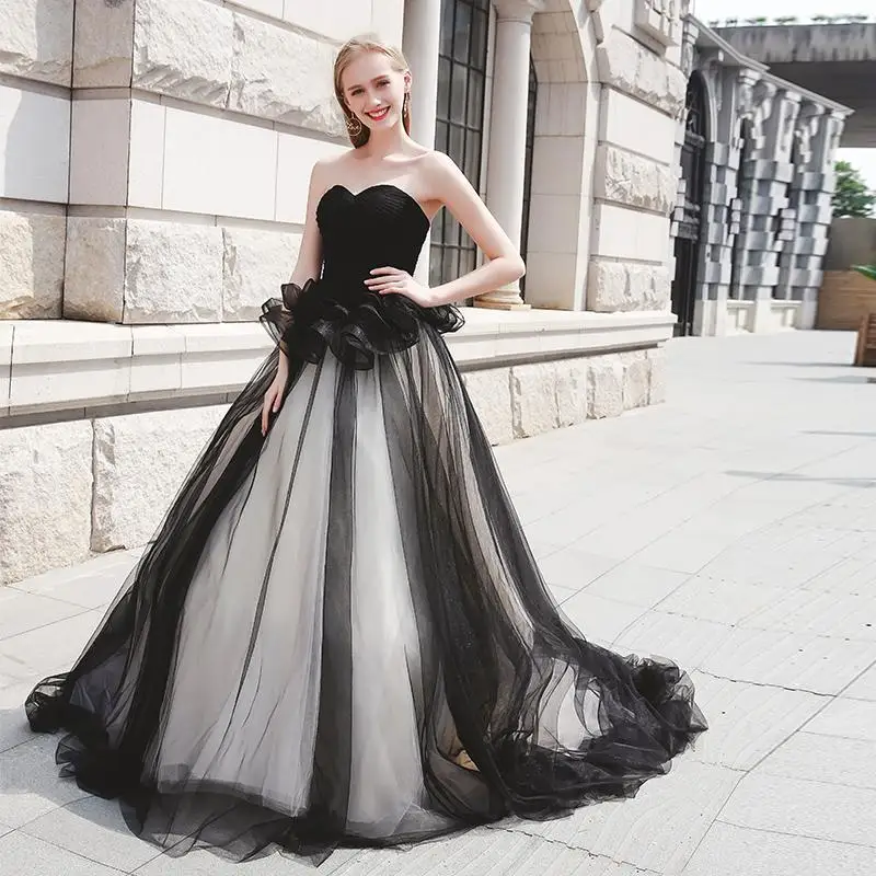 

ON471 Vintage Black Wedding Dress with Sweetheart Pleated Tulle A Line Gothic Bridal Gowns Vestidos De Noiva, Default or custom