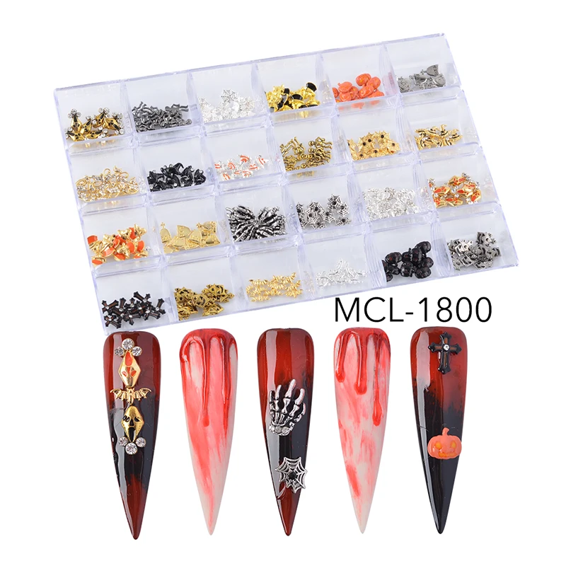 

New Arrival Bat Pumpkin Skull Alloy Metal Cross Halloween Nail Art Charms Box, Colorful
