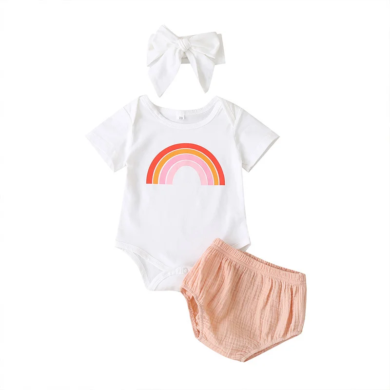 

2021 New Summer Girl's Short Sleeve Rainbow Print Harbin Shorts Set, White and pink
