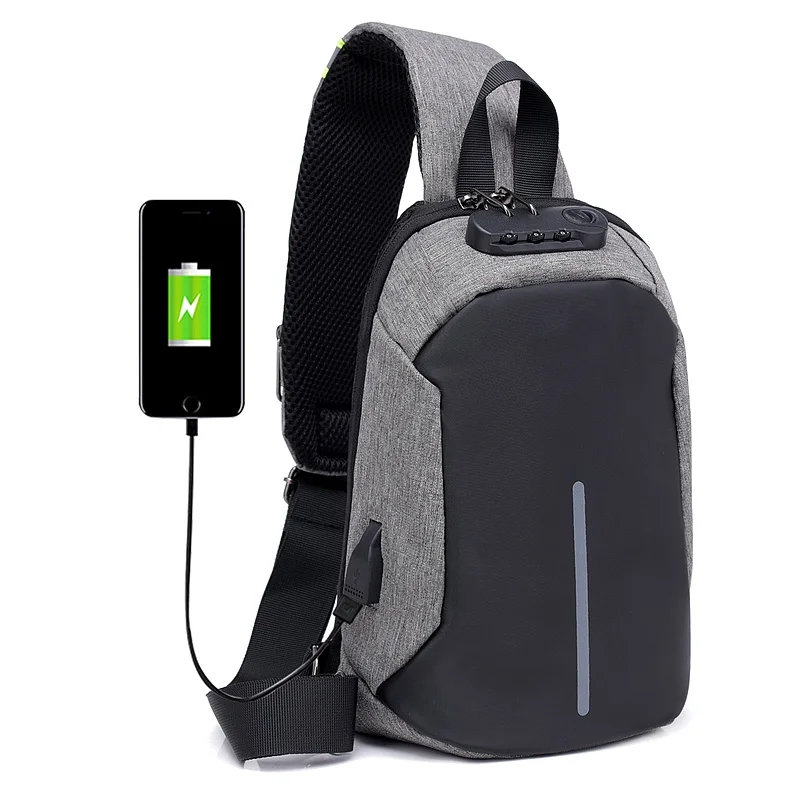 

New multi-function password lock anti theft mens chest bag with USB charging, 2 kinds or customized