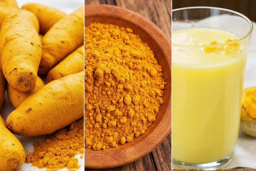 Turmeric root, powder, and golden milk drink showing different forms of turmeric consumption